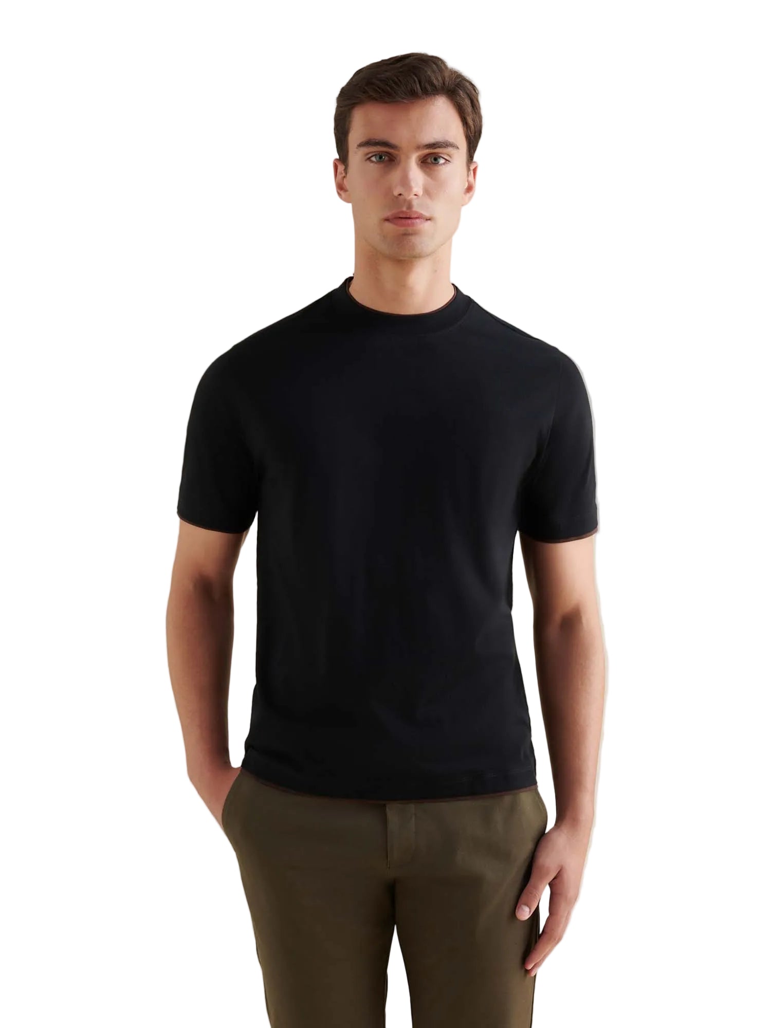 Front View of Peckham Rye Double Layer Mercerised Cotton Black T-Shirt